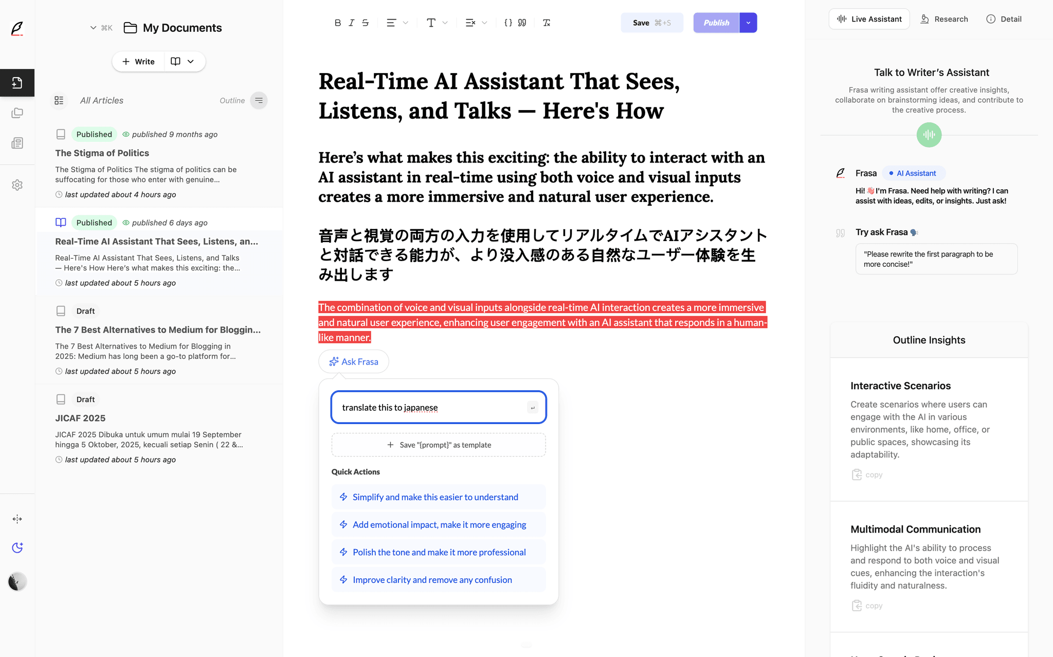 Frasa application preview showing collaborative writing interface
