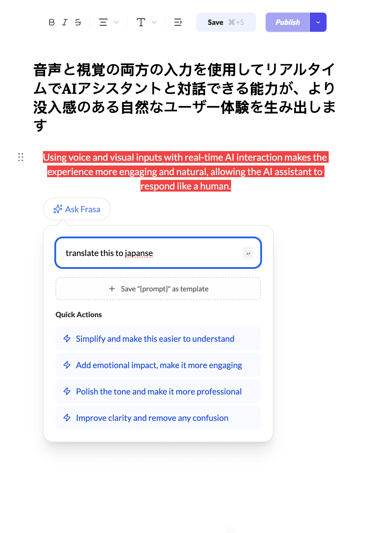 Ask Frasa interface showing text transformation options